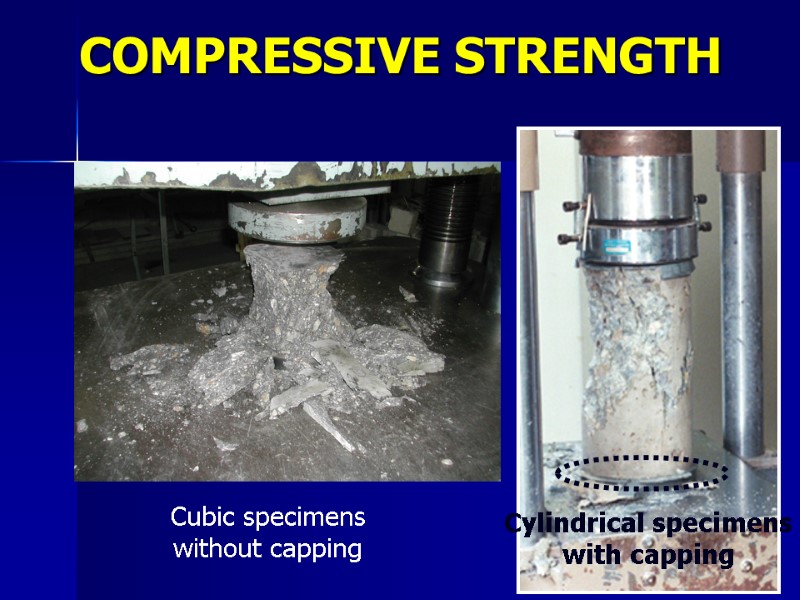 Cubic specimens  without capping Cylindrical specimens  with capping COMPRESSIVE STRENGTH